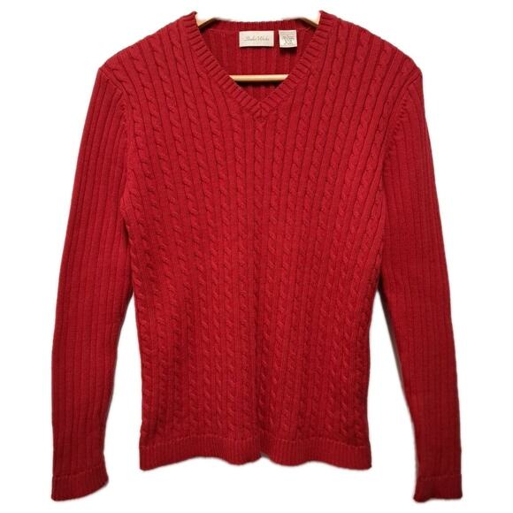 VTG Studio Works Sweater Womens S Red 100% Cotton Cable Knit V-Neck Preppy Y2K - Picture 1 of 14